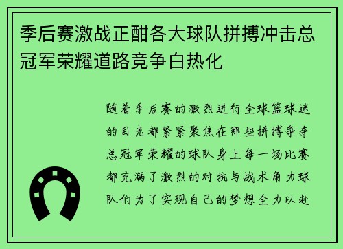 季后赛激战正酣各大球队拼搏冲击总冠军荣耀道路竞争白热化